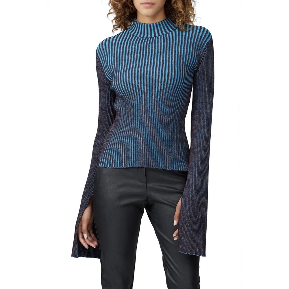 Solace London Dania Top Turtleneck Sweater BlueBlack Bell Sleeve SzM